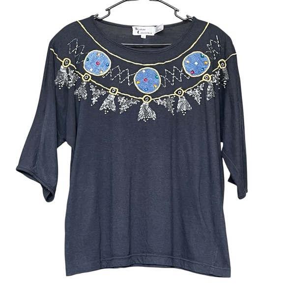 Western Connection Tops - VTG Western Connection Embroidered Top Gray SZ M Beaded Retro Boho Hipster